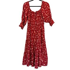 INDIGO ROSE Midi Dress Womens L Tiered Peasant Floral Cottagecore Elastic Waist